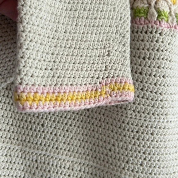 Cream Multi Color Crochet Cotton Crew Neck Sweater Women's Size LG - Picture 5 of 11